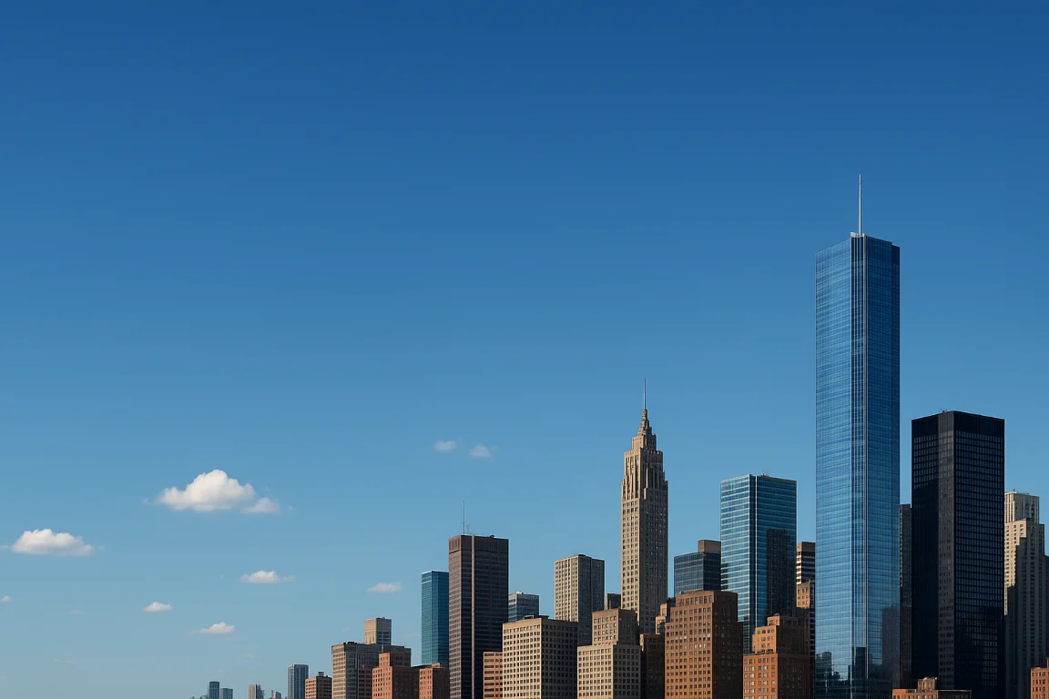 En storby med blå himmel