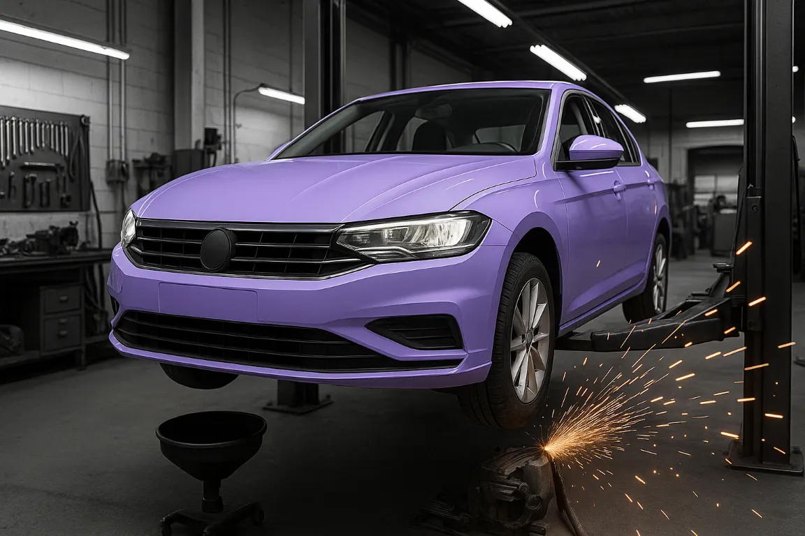 En lilla bil på værksted