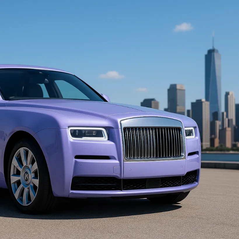 Lilla bil som holder foran en storby