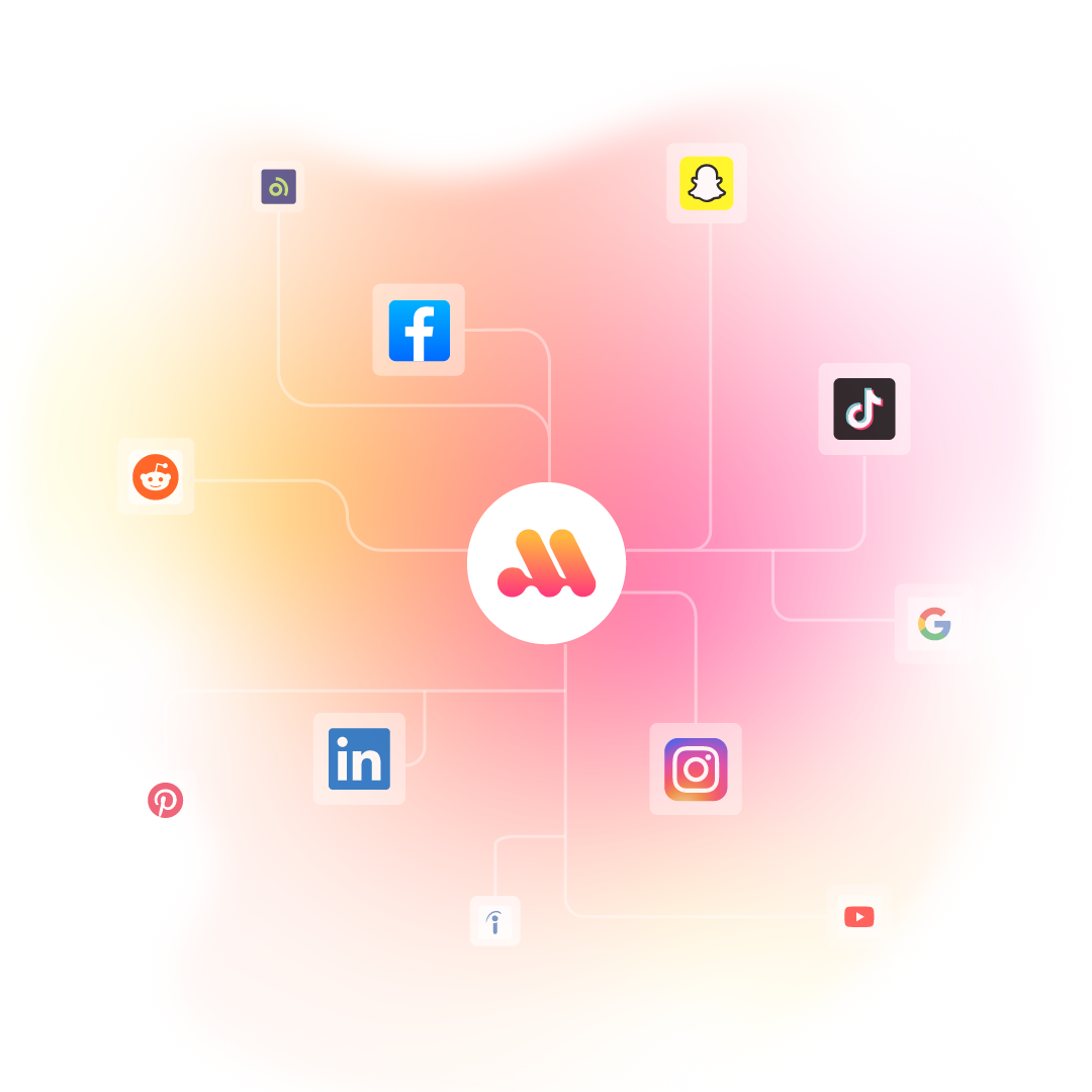 A central Mondea logo connected to various social media platform icons, including Facebook, LinkedIn, Instagram, TikTok, Snapchat, Reddit, Google, YouTube, and others. The background has a soft gradient of pink, orange, and white hues.