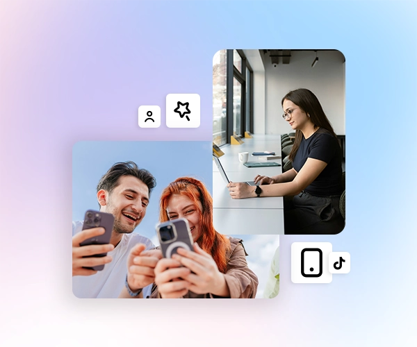 Two young people smiling and looking at smartphones, and a woman working on a laptop on a gradient background.