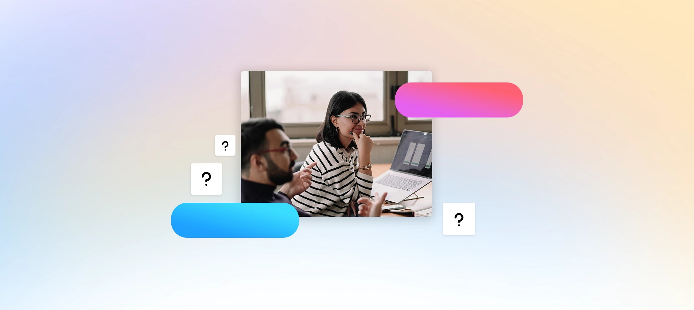A woman in front of a computer in a meeting, a man talking in the foreground. Question marks around the image. 