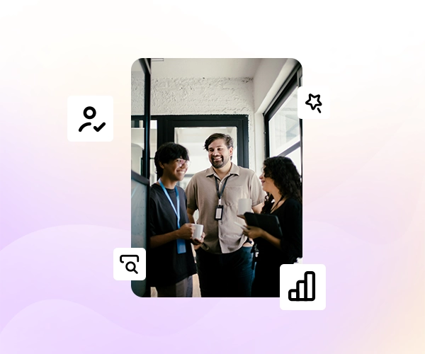 Three colleagues stand and talk in an office hallway, smiling and holding coffee, with icons for people, search, star, and gr