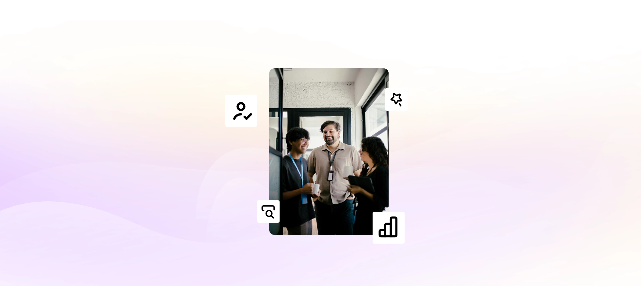 Three colleagues stand and talk in an office hallway, smiling and holding coffee, with icons for people, search, star, and gr