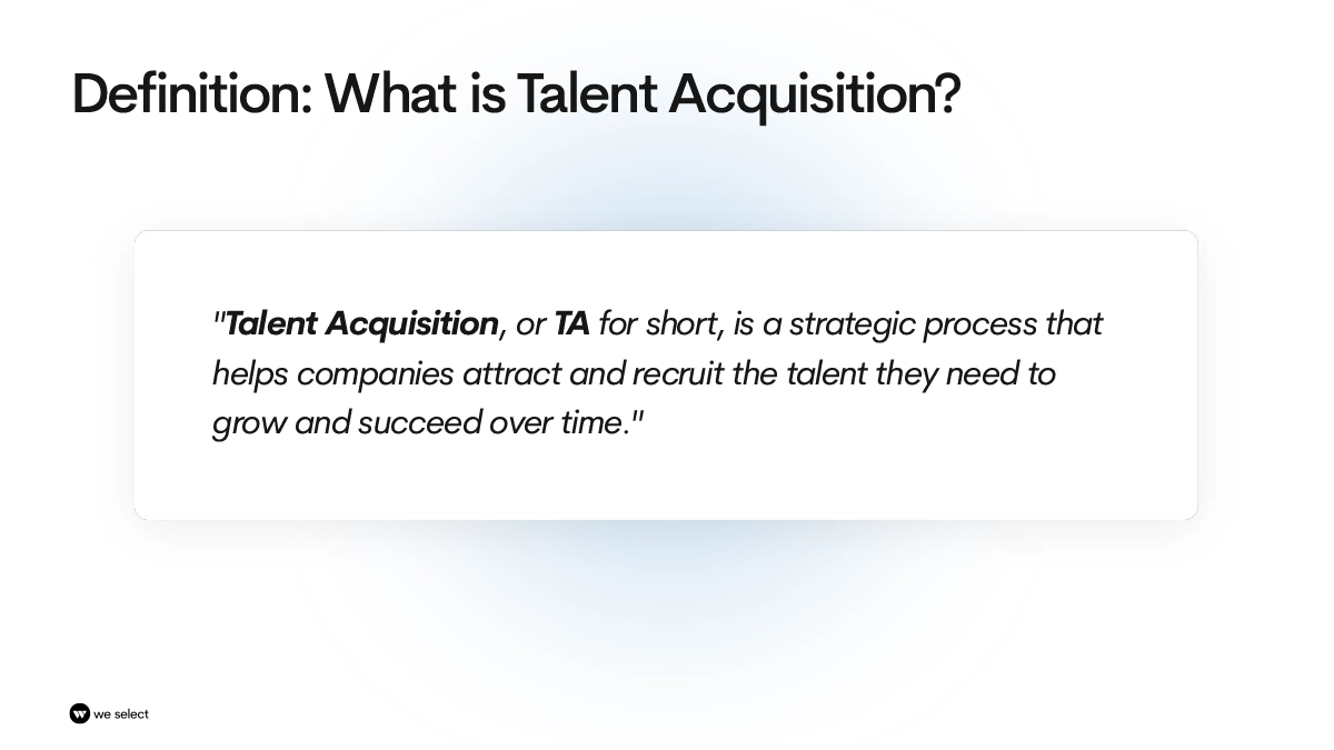 Slide titled “Definition: What is Talent Acquisition?” featuring a definition that reads: “Talent Acquisition, or TA for short, is a strategic process that helps companies attract and recruit the talent they need to grow and succeed over time.” Includes We Select branding.