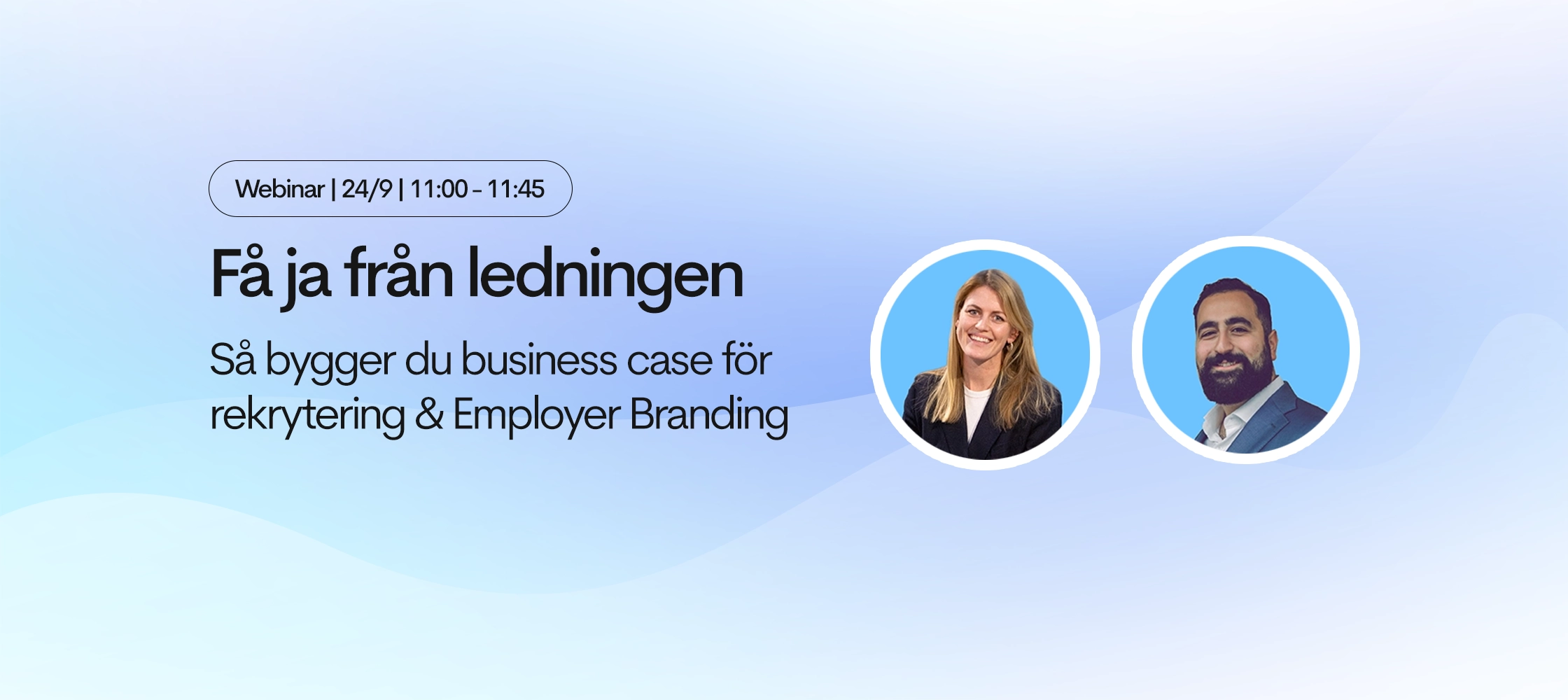 Webinarinformation ovanför två talarbilder av Alexandra Vult och Pierre Khalil mot en gradient bakgrund.