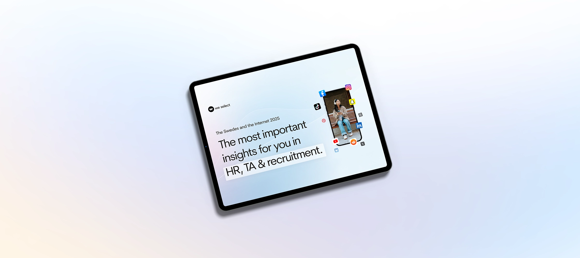 A tablet mockup displaying the e-book cover "The Swedes and the Internet 2025" against a gradient background.