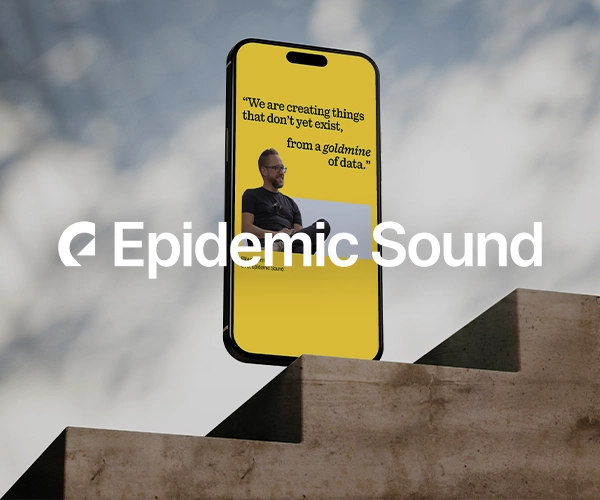 Smartphone showing Epidemic Sound campaign with quote from CTO Rikard Herlitz and Epidemic Sound logo on top.