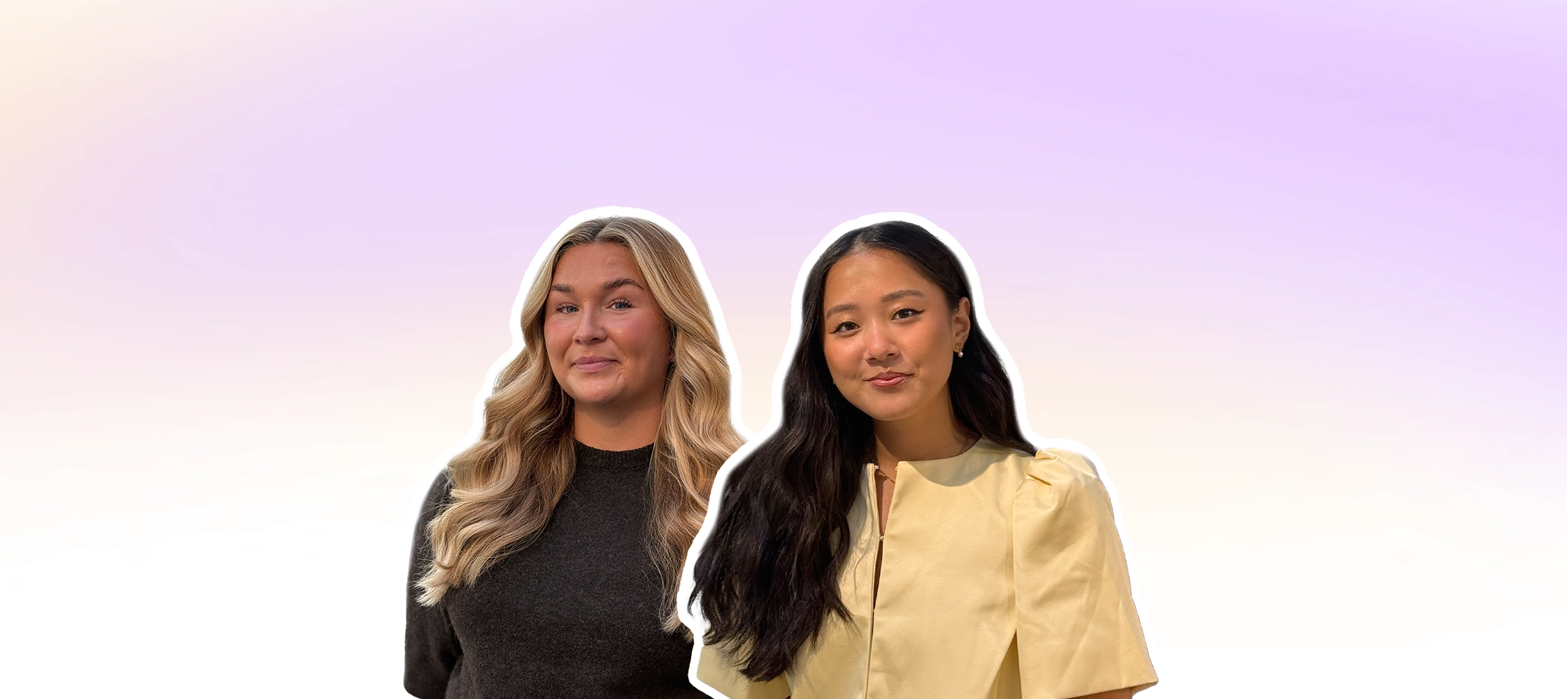 Sara Fernlund to the right and Felicia Karlsson to the left from We Select smiling against a gradient background.