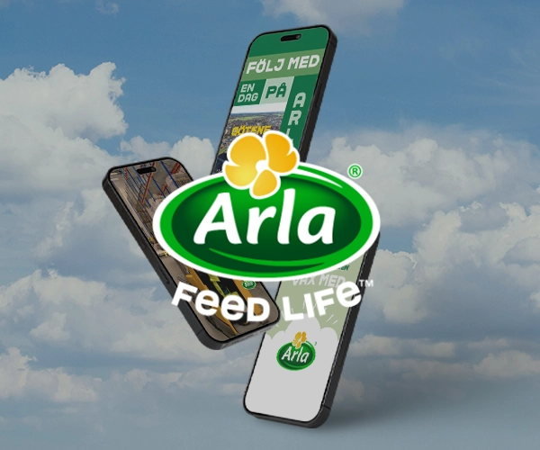 Three iPhone mockups of the Arla Götene campaign against a blue sky with Arla logos.