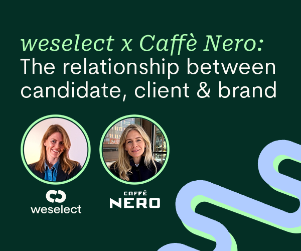 Webinar thumbnail with two speakers and the text: weselect x Caffè Nero: The relationship between candidate, client and brand