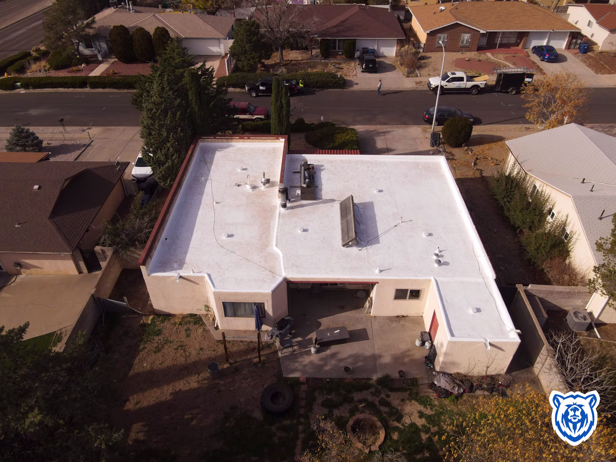 drone photo of white TPO roof replacement, NM