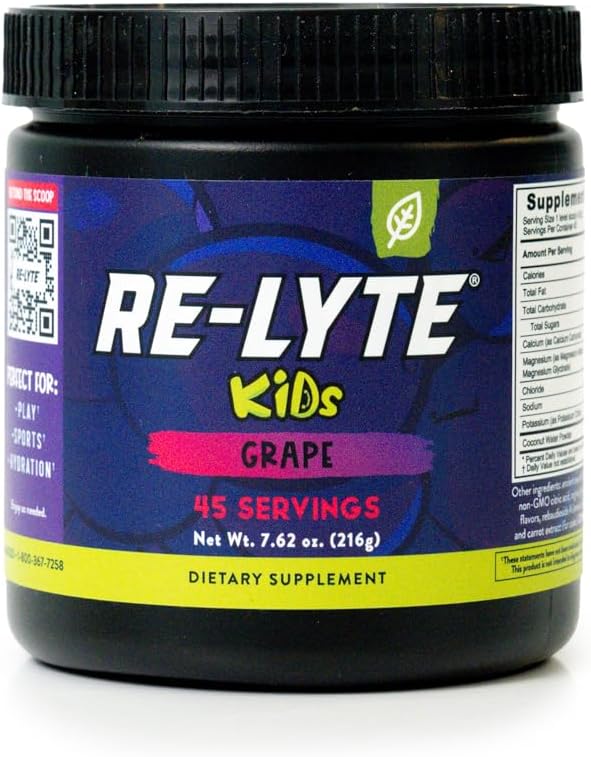 Natural electrolytes for kids like ReLyte and LMNT shown with healthy hydration tools