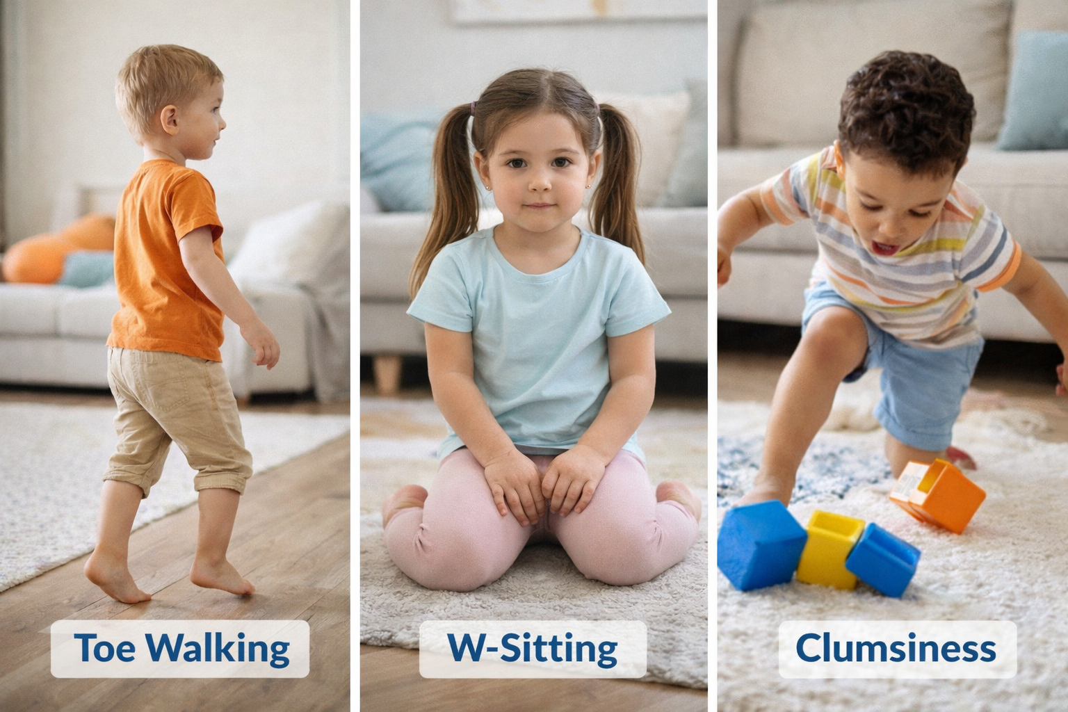 Child toe walking, W-sitting, and clumsiness linked to nervous system development challenges.