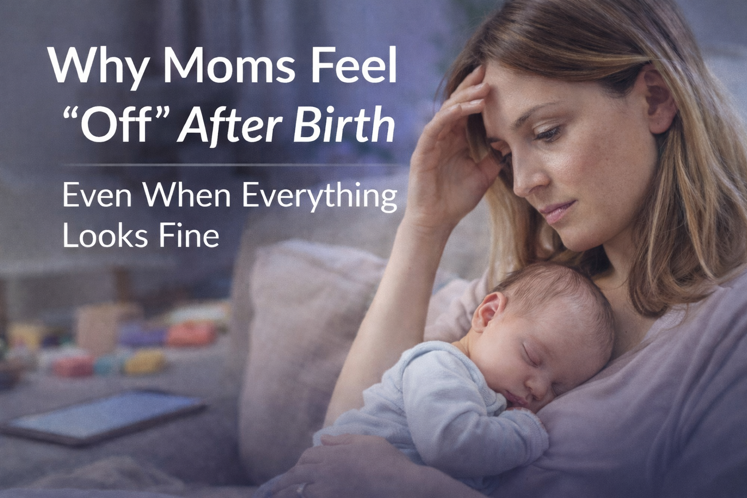 Postpartum mom holding sleeping newborn while feeling emotionally off after birth despite everything looking fine.