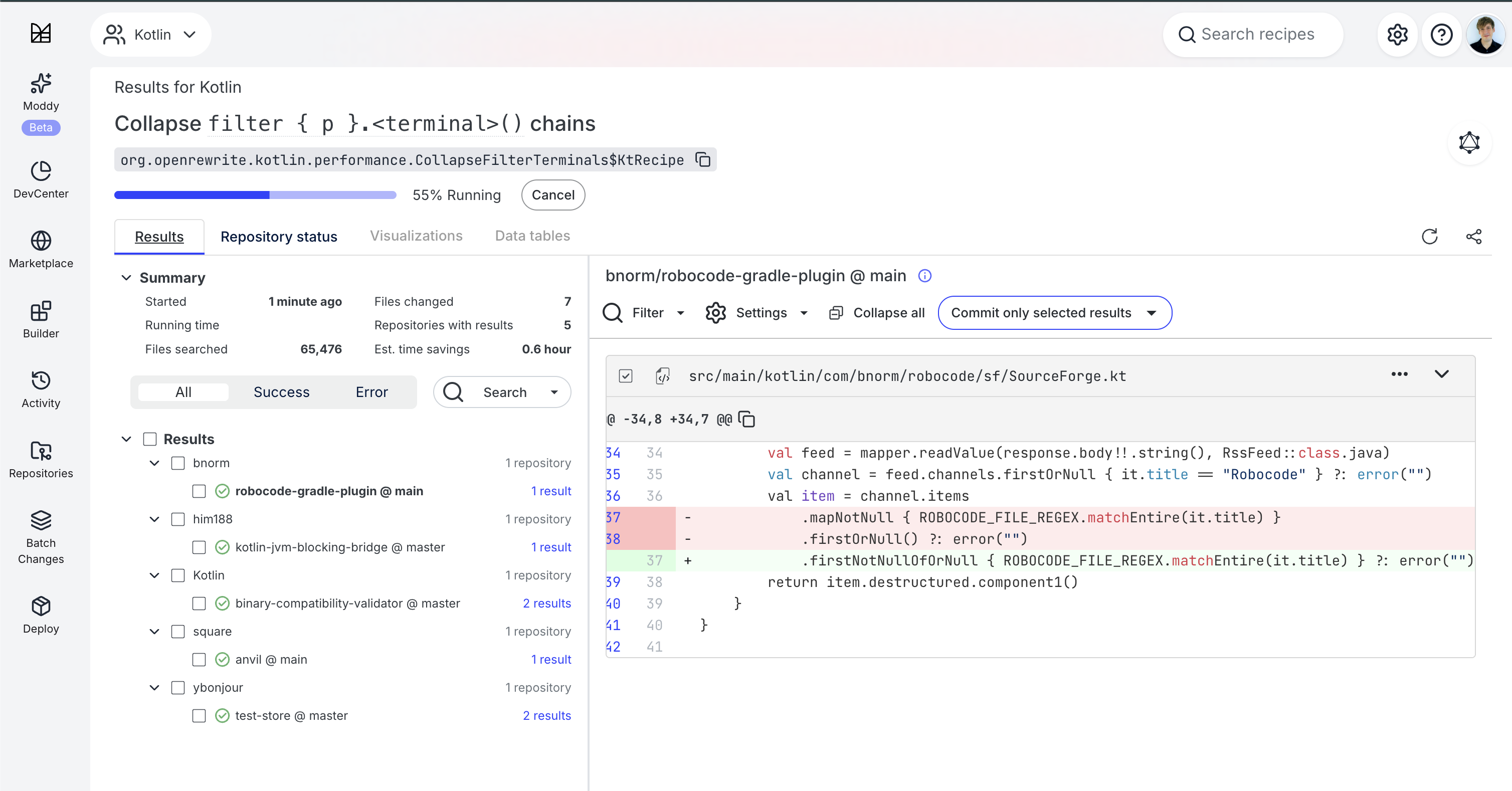 Moderne platform showing the CollapseFilterTerminals recipe run across five Kotlin open source repositories with seven file changes and 0.6 hours of estimated time savings