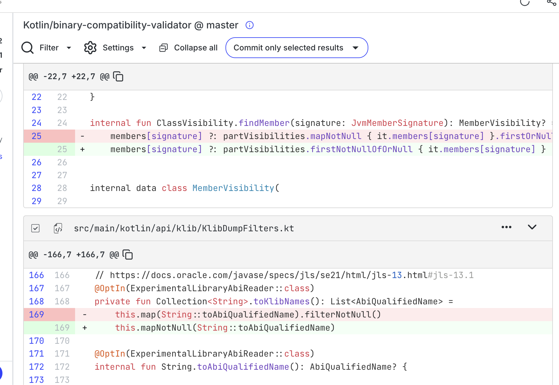 Two code diffs from the Kotlin binary-compatibility-validator project showing mapNotNull-firstOrNull collapsing to firstNotNullOfOrNull, and map-filterNotNull collapsing to mapNotNull