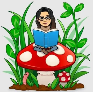 Zainab Bhatti cartoon avatar reading a book on a mushroom