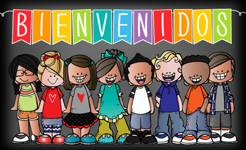Cartoon children holding hands under Bienvenidos welcome sign