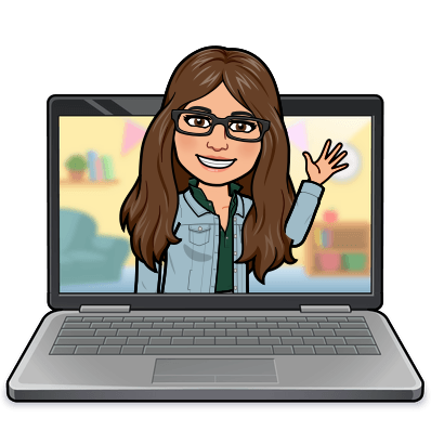 Bitmoji avatar of teacher Jeannine Skokos waving from a laptop screen