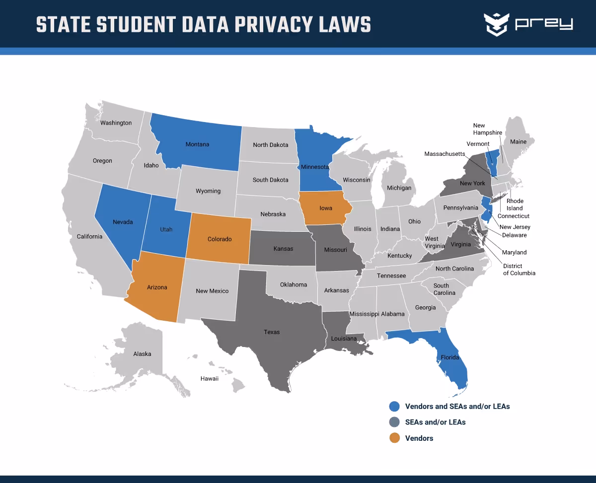 US map showing students data privacy laws by state