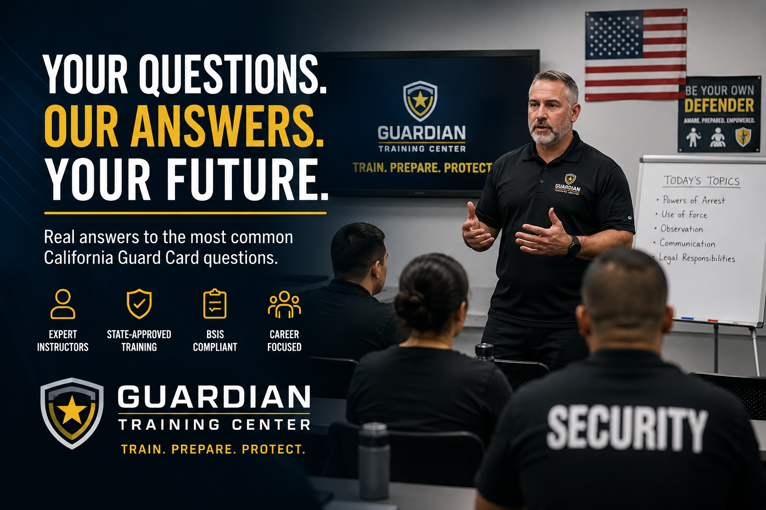 Guardian Training Center instructor teaching a California Basic Guard Card class to new security professionals in a classroom setting.