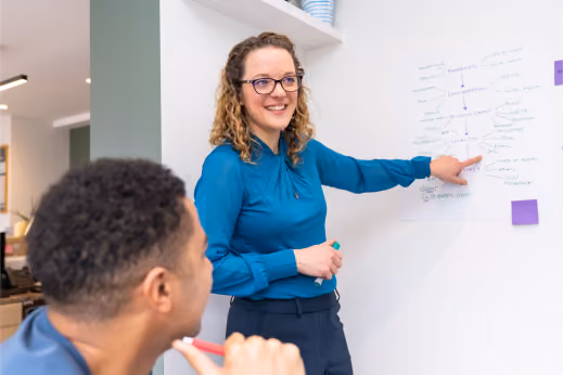 a woman standing next to a man in front of a whiteboard