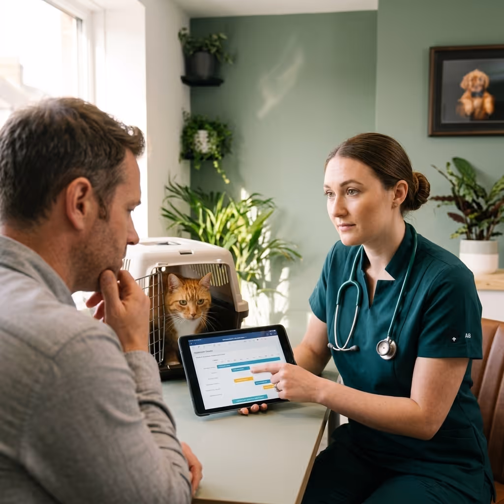 Veterinarian explains medical info on tablet to man with cat in carrier on table.
