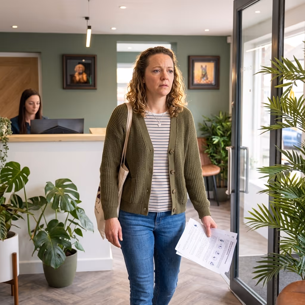 Worried woman holding papers entering a modern office reception with plants and receptionist behind the desk.