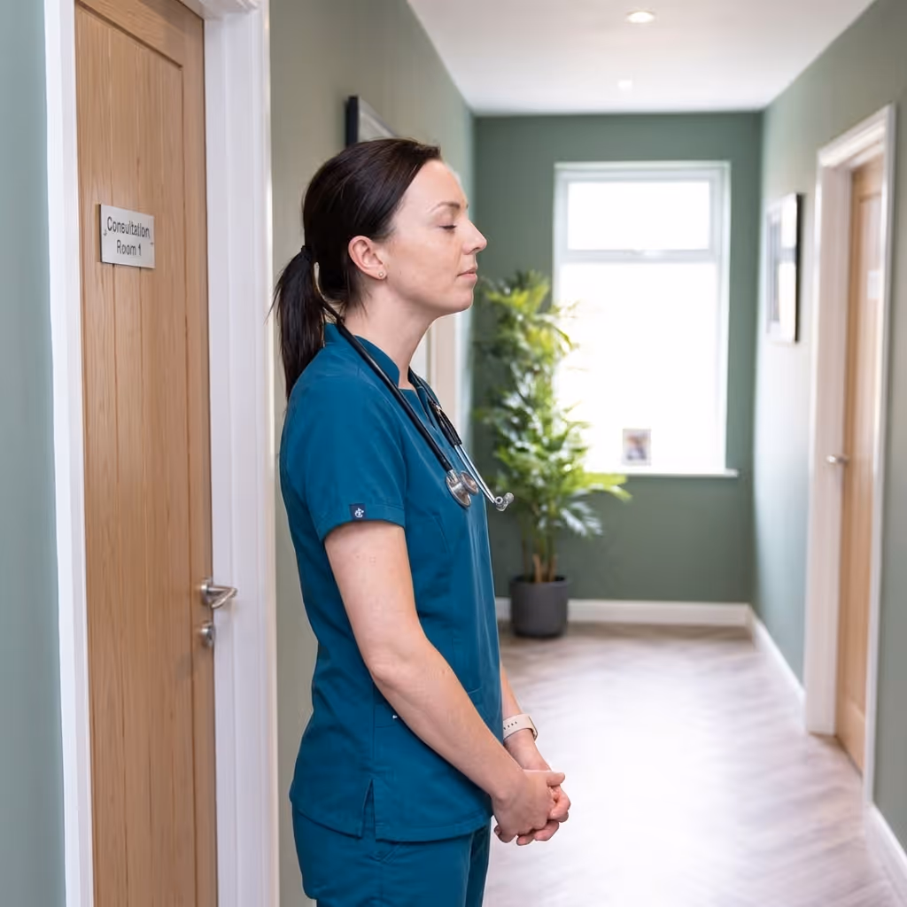 Female healthcare worker in scrubs standing with eyes closed near a door labeled Consultation Room 1.