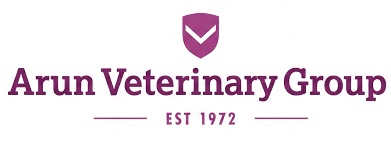 Arun Veterinary Group logo with a shield icon and text EST 1972 in purple.