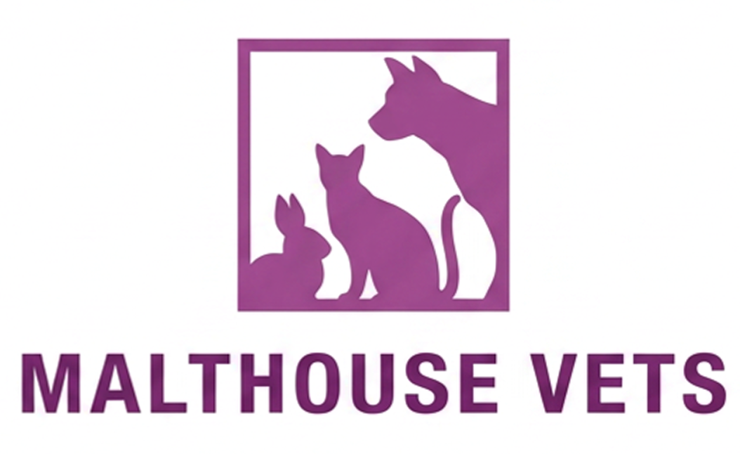 Purple logo with silhouettes of a rabbit, cat, and dog in a square above MALTHOUSE VETS text.
