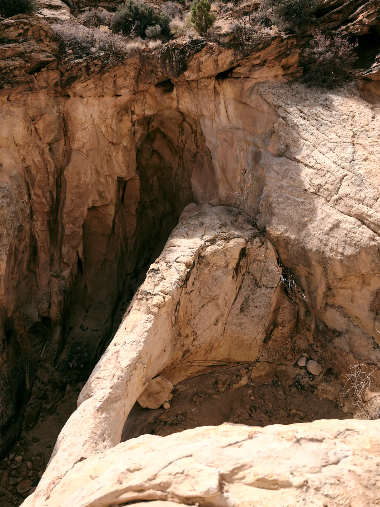 Natürlicher Felsenbogen über einer felsigen Schlucht in einer trockenen, felsigen Landschaft mit spärlicher Vegetation.