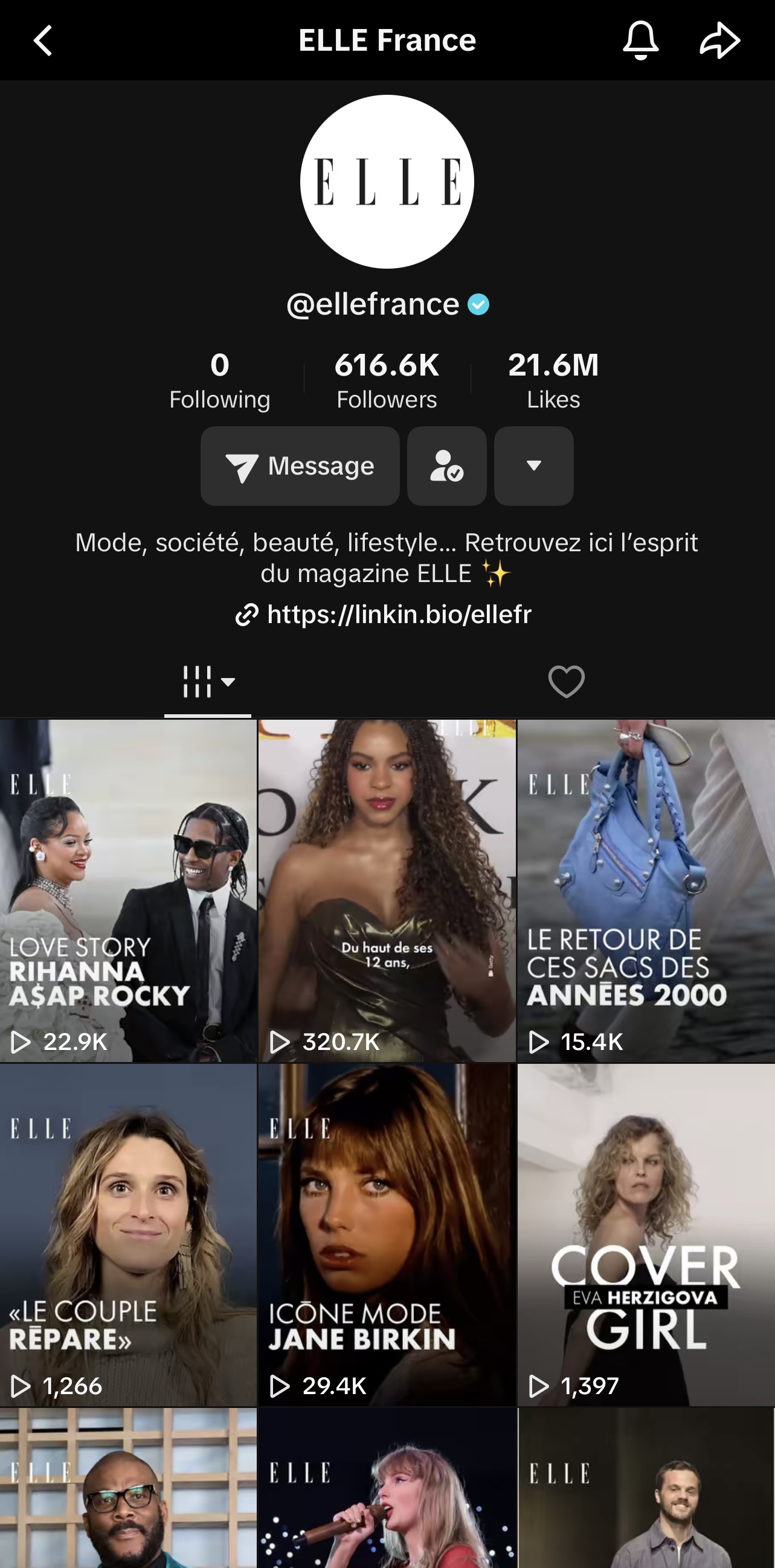 TikTok @ellefrance. Le profil affiche le logo ELLE sur fond blanc, 616,6K abonnés et 21,6 millions de mentions J’aime. La biographie mentionne : « Mode, société, beauté, lifestyle... Retrouvez ici l’esprit du magazine ELLE ✨ ». En dessous, une grille de vidéos populaires incluant : une story sur Rihanna et A$AP Rocky, un portrait d’une jeune star, un retour des sacs des années 2000, un témoignage sur le couple, un hommage à Jane Birkin, une couverture avec Eva Herzigova, et des extraits d’interviews ou de prestations d’artistes.