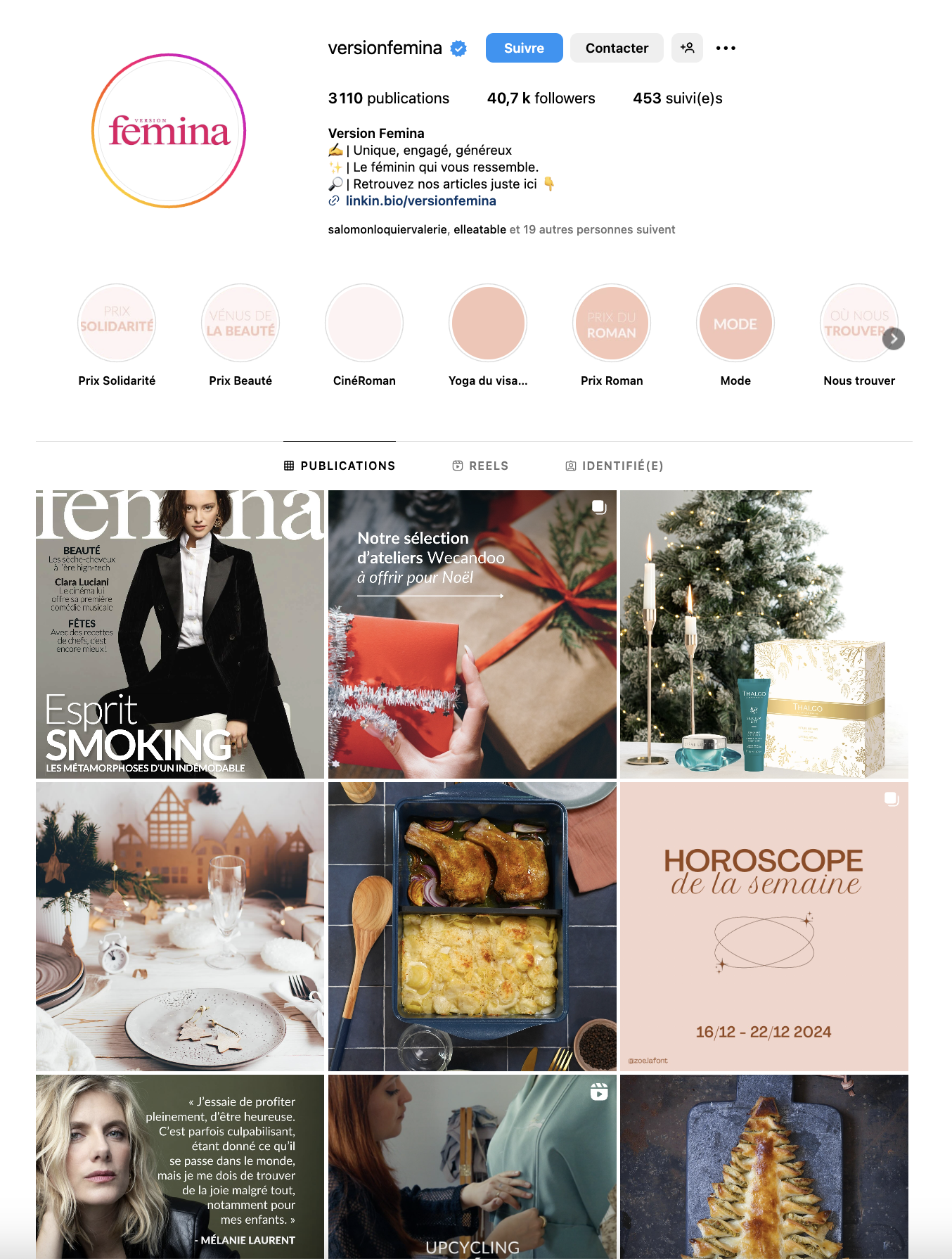 Capture d’écran du profil Instagram de Version Femina avec la biographie, les stories à la une, et une grille de publications incluant des recettes, des conseils beauté et des citations inspirantes.