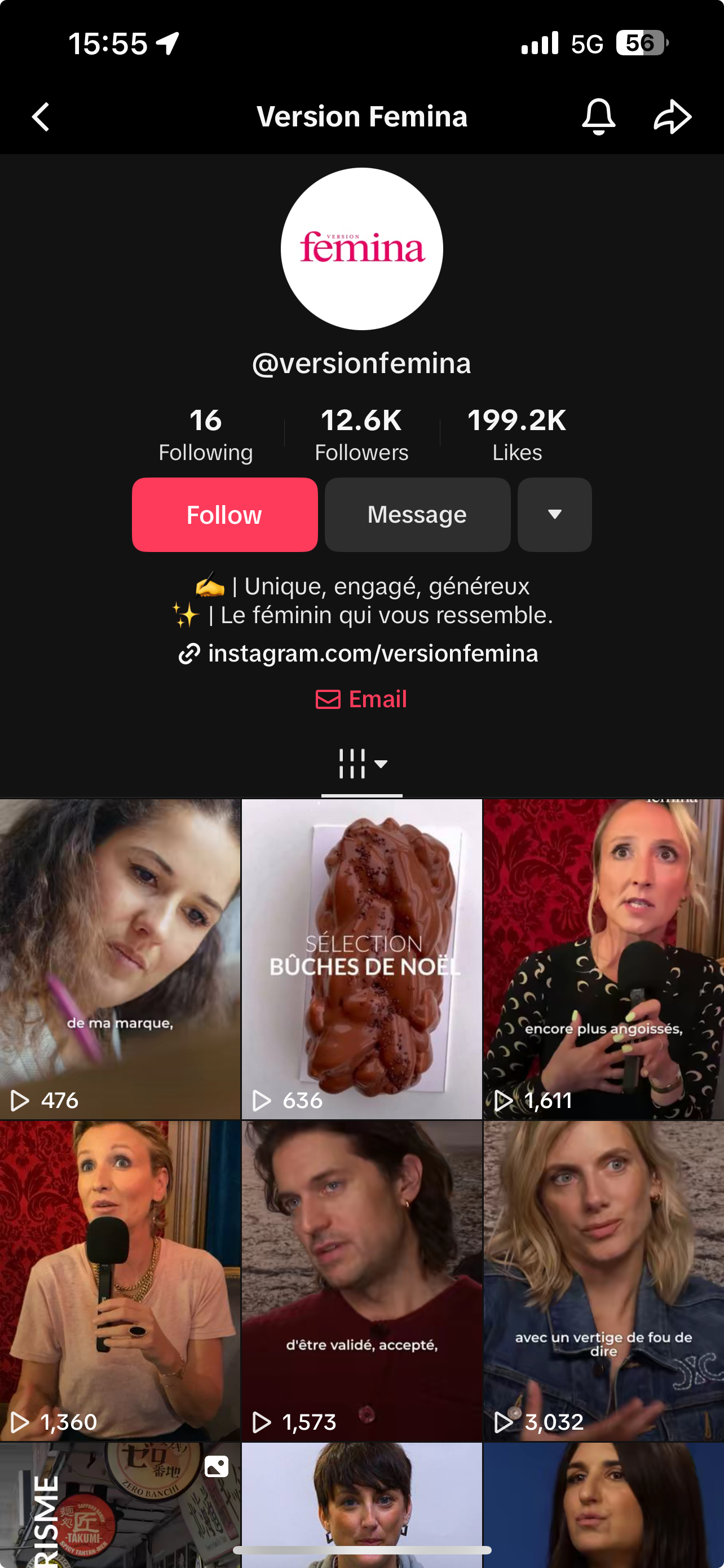 Capture d’écran du compte TikTok de Version Femina avec le logo rose sur fond blanc, 12,6k abonnés, et plusieurs vidéos affichant des personnalités, des recettes et des témoignages.