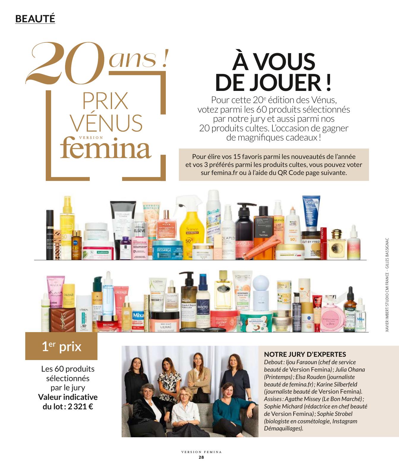 Page beauté du magazine Version Femina. En haut, un grand titre annonce : "20 ans ! Prix Vénus Femina – À vous de jouer !" Le public est invité à voter parmi 60 produits sélectionnés par un jury et 20 produits cultes, pour tenter de gagner des cadeaux. Une grande ligne de produits de beauté est exposée (soins, shampoings, sérums, etc.), avec des visuels de marques variées.