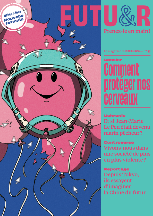 Couverture du magazine Futur n°45 avec une illustration d’un cerveau rose souriant protégé par un casque, sur fond bleu. À droite, le sommaire du numéro, avec des rubriques sur la protection du cerveau, la violence en société, et une uchronie sur Jean-Marie Le Pen.
