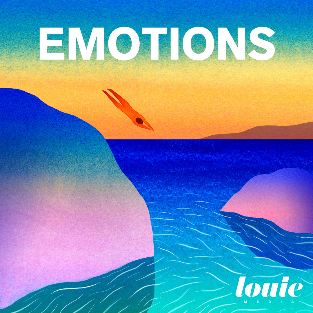 Illustration colorée représentant le visuel principal du podcast Émotions, avec un personnage plongeant dans une mer entre deux falaises, sous un ciel orange. Le mot « EMOTIONS » est écrit en majuscules blanches en haut de l’image, et le logo « louie media » apparaît en bas à droite.
