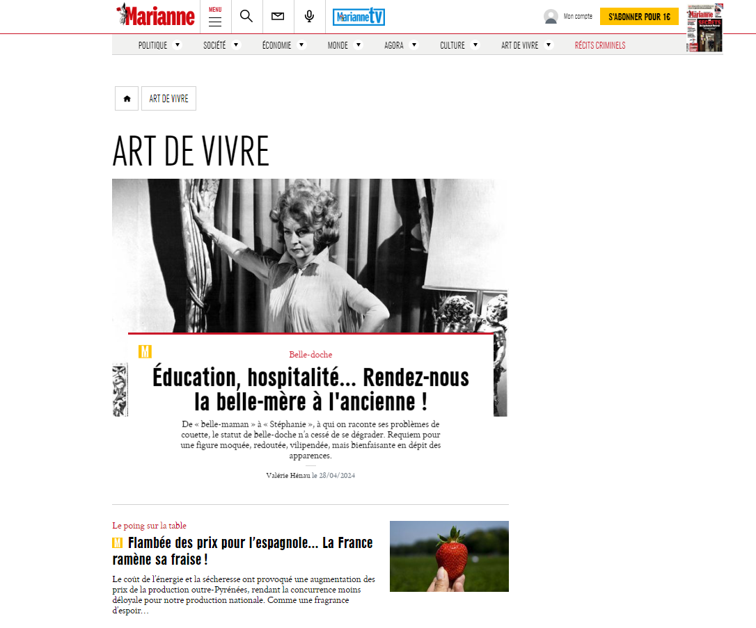 Capture d’écran de la rubrique “Art de vivre” sur le site desktop de Marianne. L’article principal est illustré par une photo en noir et blanc d’une femme posant dans un intérieur rétro. Le titre évoque la nostalgie de la belle-mère à l’ancienne, suivi d’un court texte explicatif.