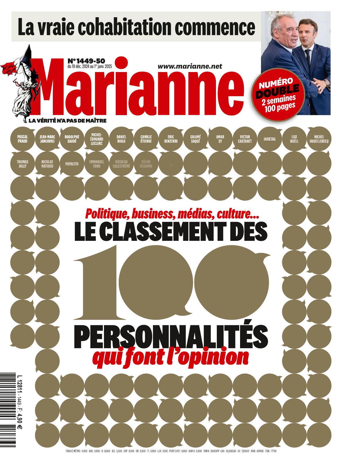Couverture du numéro double 1449-50 du magazine Marianne, daté du 19 décembre 2024 au 1er janvier 2025. Le titre met en avant "Le classement des 100 personnalités qui font l’opinion" dans les domaines politique, business, médias et culture. Les bulles de dialogue dorées forment un cadre et contiennent les noms de quelques personnalités.
