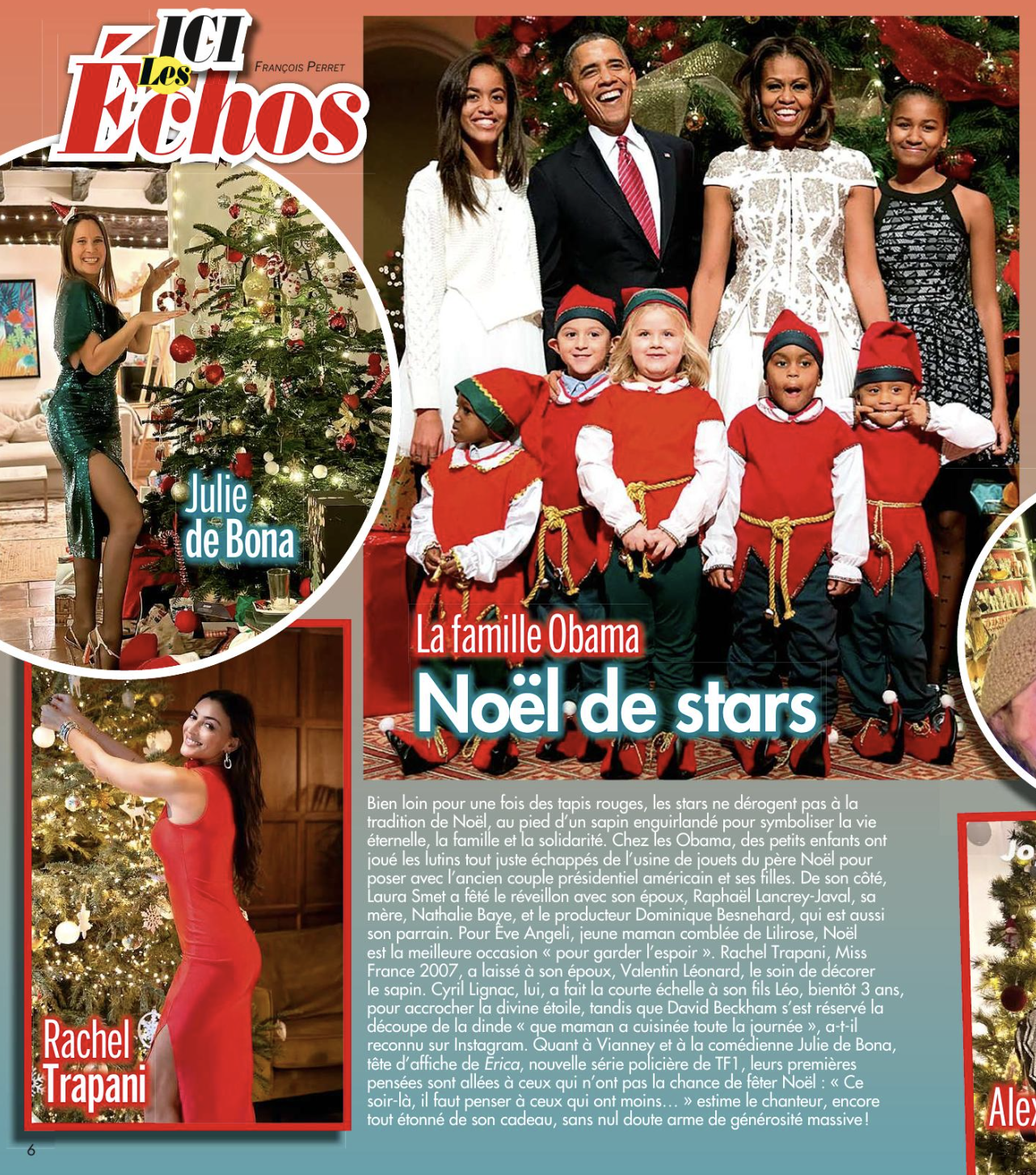 Montage illustrant les fêtes de fin d’année avec plusieurs célébrités : la famille Obama posant avec des enfants déguisés en lutins devant un sapin de Noël, Julie de Bona décorant son sapin, et Rachel Trapani posant en robe rouge. Des extraits de texte décrivent les traditions festives de diverses personnalités, dans une ambiance chaleureuse et joyeuse.