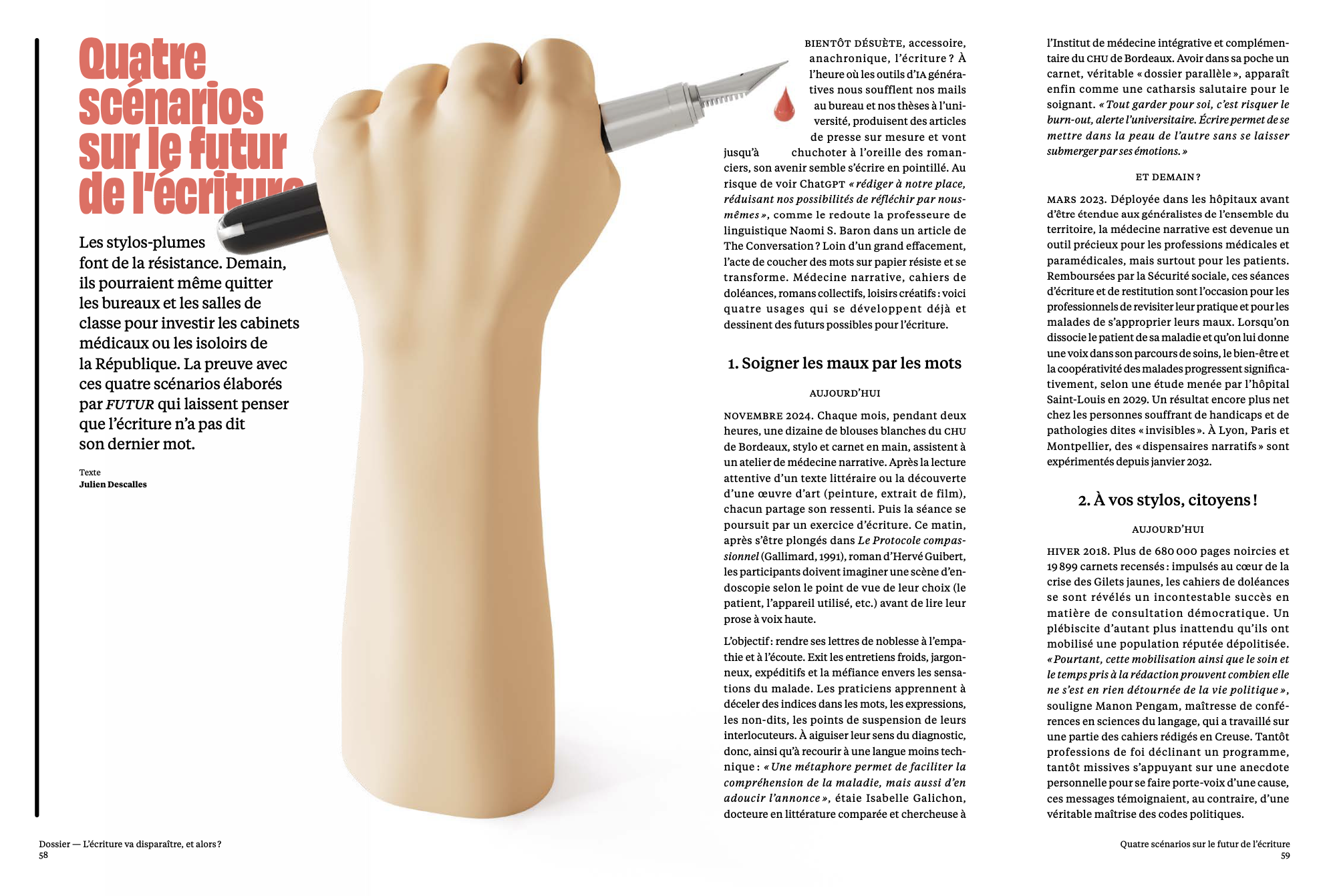 Une main stylisée tenant un stylo-plume sur fond blanc. À gauche, le titre en rouge « Quatre scénarios sur le futur de l’écriture » et un court texte introductif. À droite, un texte en colonnes illustrant différents scénarios prospectifs sur l’avenir de l’écriture manuscrite.