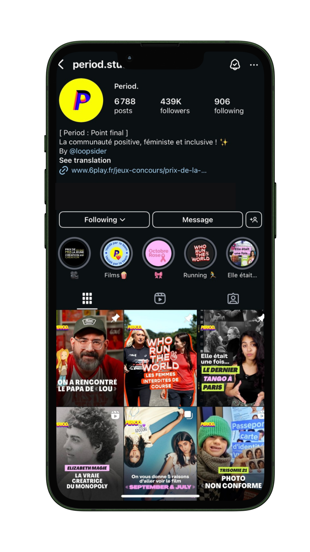 Capture d’écran du profil Instagram de period.studio, une page avec 439 000 abonnés. Plusieurs vignettes de vidéos sont visibles, présentant des thématiques engagées autour de la représentation des femmes, des minorités et des questions sociales.