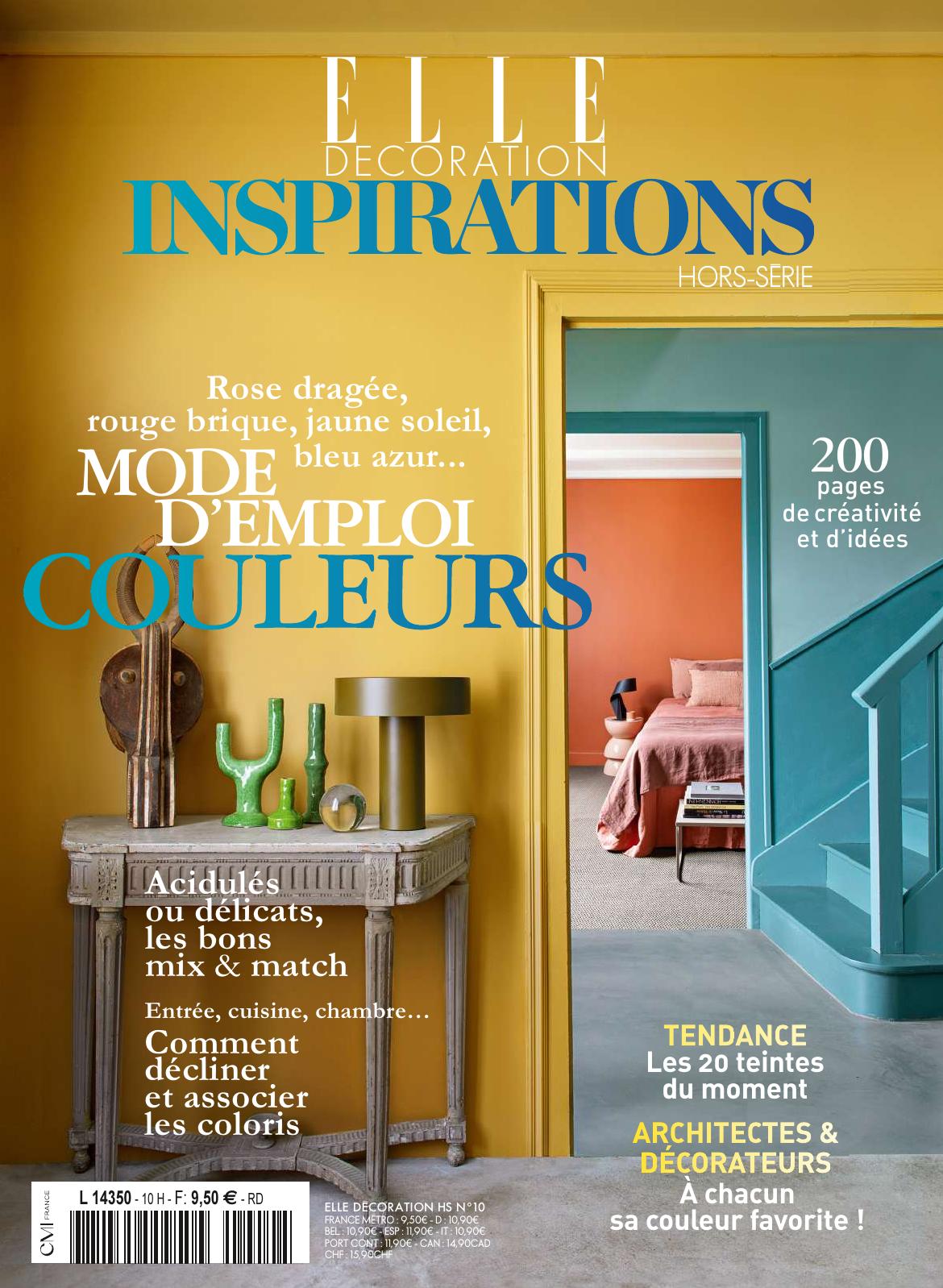 Image d'une couverture de magazine ELLE Décoration Inspirations. Un couloir aux murs jaunes, une pièce adjacente aux murs bleu turquoise et un aperçu d'une chambre aux murs orange. Un meuble gris et des objets décoratifs verts sont visibles à gauche.