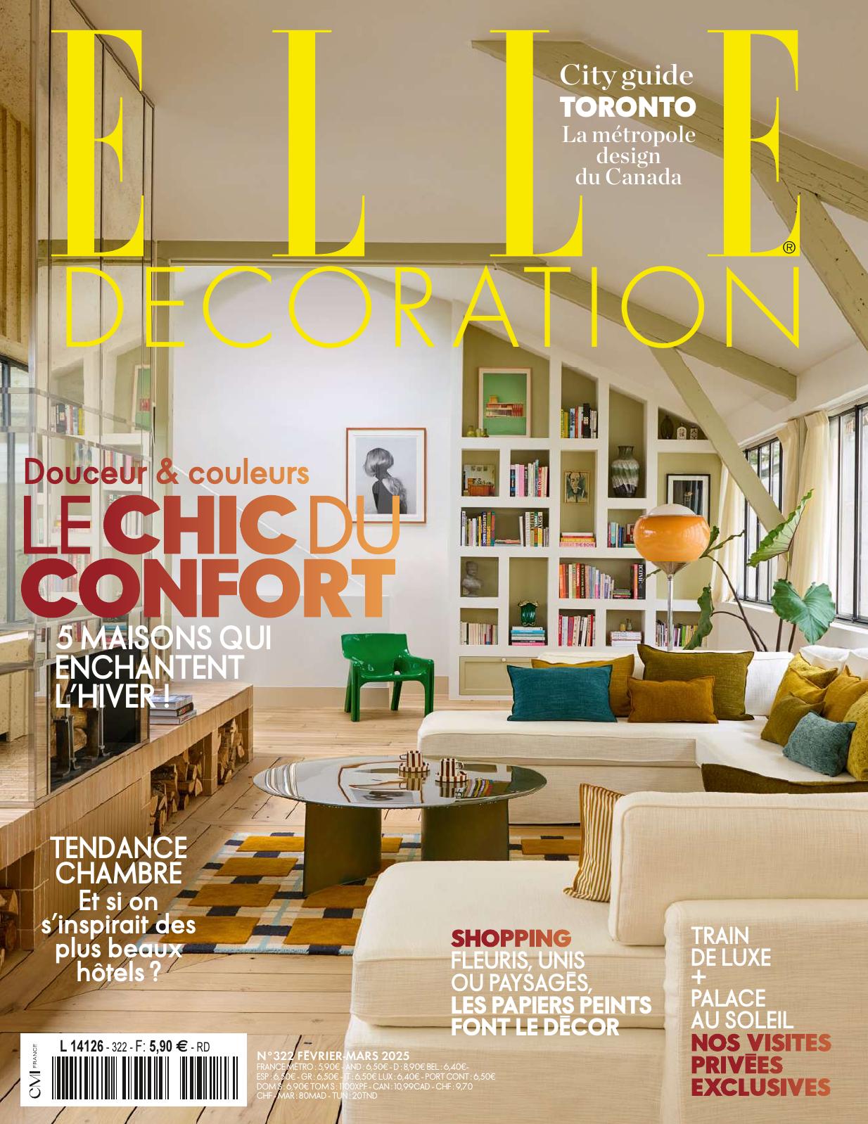 Couverture du magazine Elle Décoration avec un salon lumineux et coloré, mettant en avant les tendances cocooning et les papiers peints.