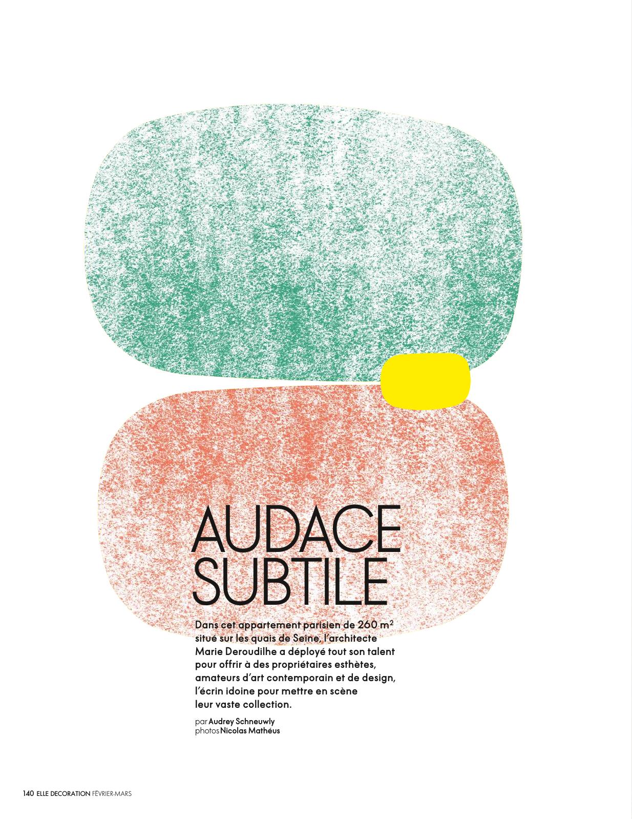 Double illustration abstraite aux formes douces et colorées introduisant un article sur un appartement parisien imaginé par l’architecte Marie Deroudilhe.