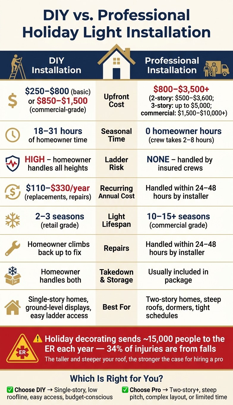 DIY vs. Professional Holiday Light Installation: Cost, Time & Safety Compared