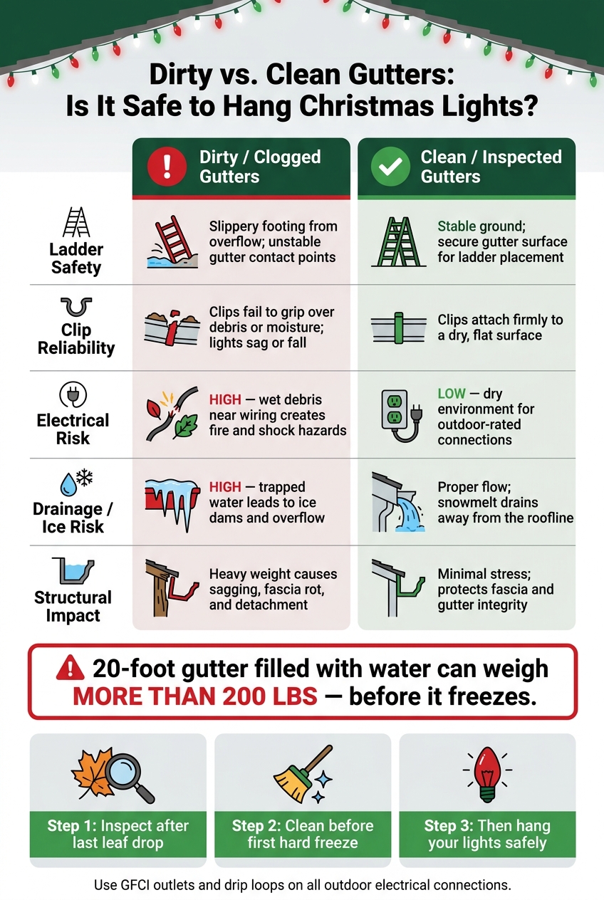 Dirty vs. Clean Gutters: Holiday Light Hanging Safety Guide