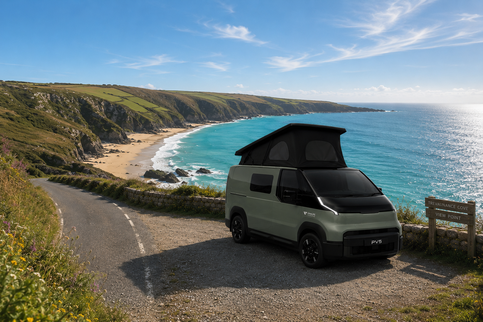 Kia PV5 conversion concept on a beach cliff top
